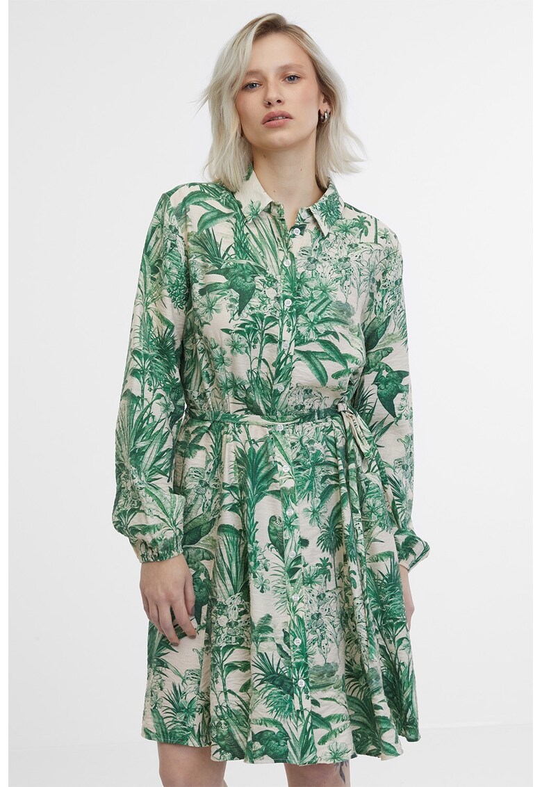 Rochie-camasa midi cu model tropical - Verde/Maro nisip