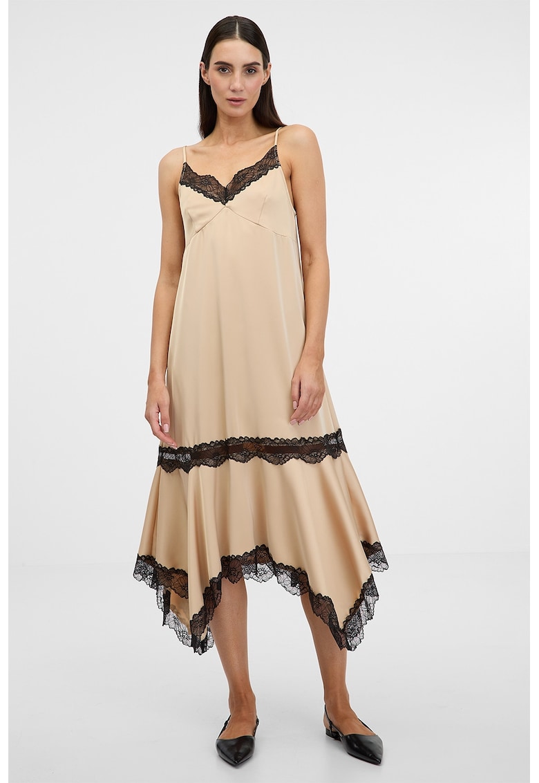 Rochie midi asimetrica cu garnitura dedantela - Negru/Bej