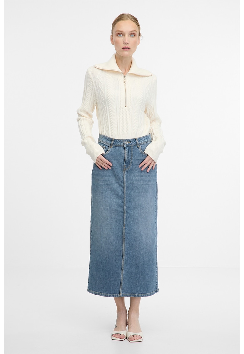 Fusta dreapta din denim cu slit frontal - Albastru prafuit