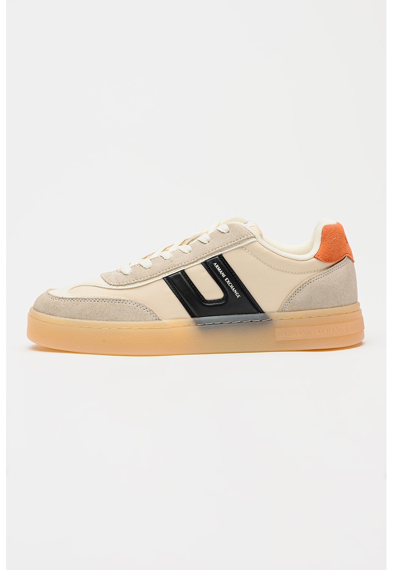 Pantofi sport low-cut cu garnituri din piele intoarsa - Alb fildes/Negru/Maro taupe deschis/Maro camel