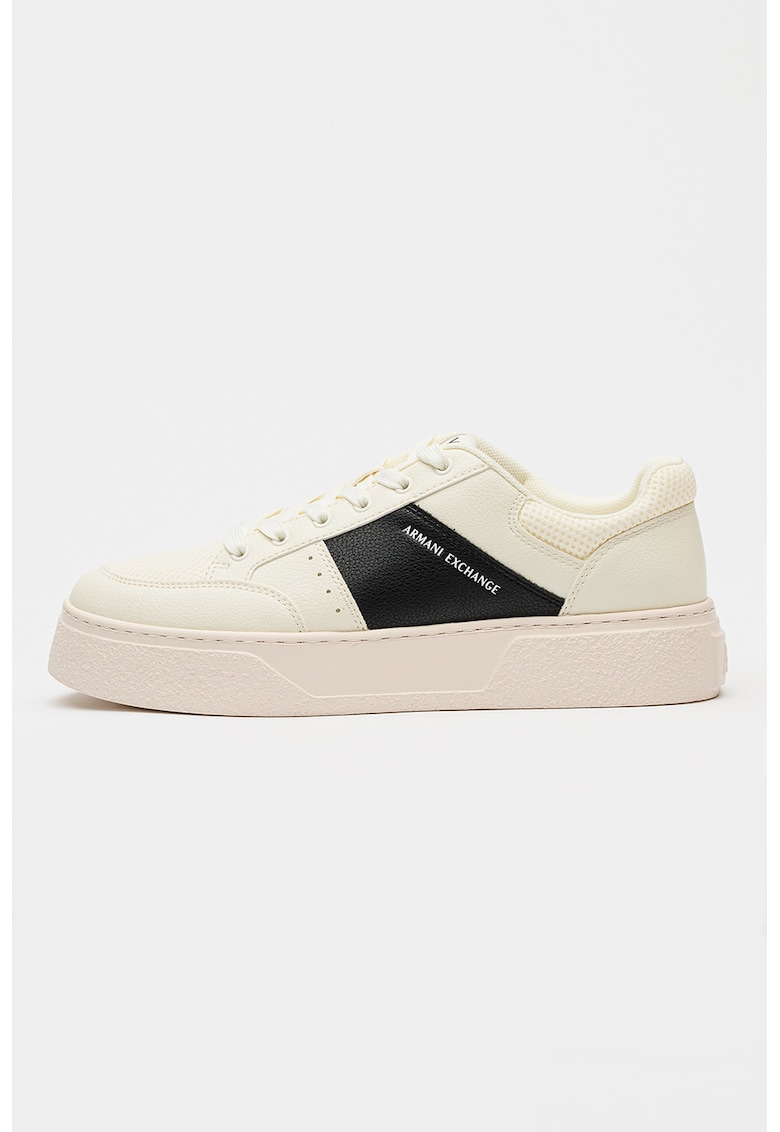 Pantofi sport din piele ecologica cu insertii din material textil - Alb murdar/Negru antracit