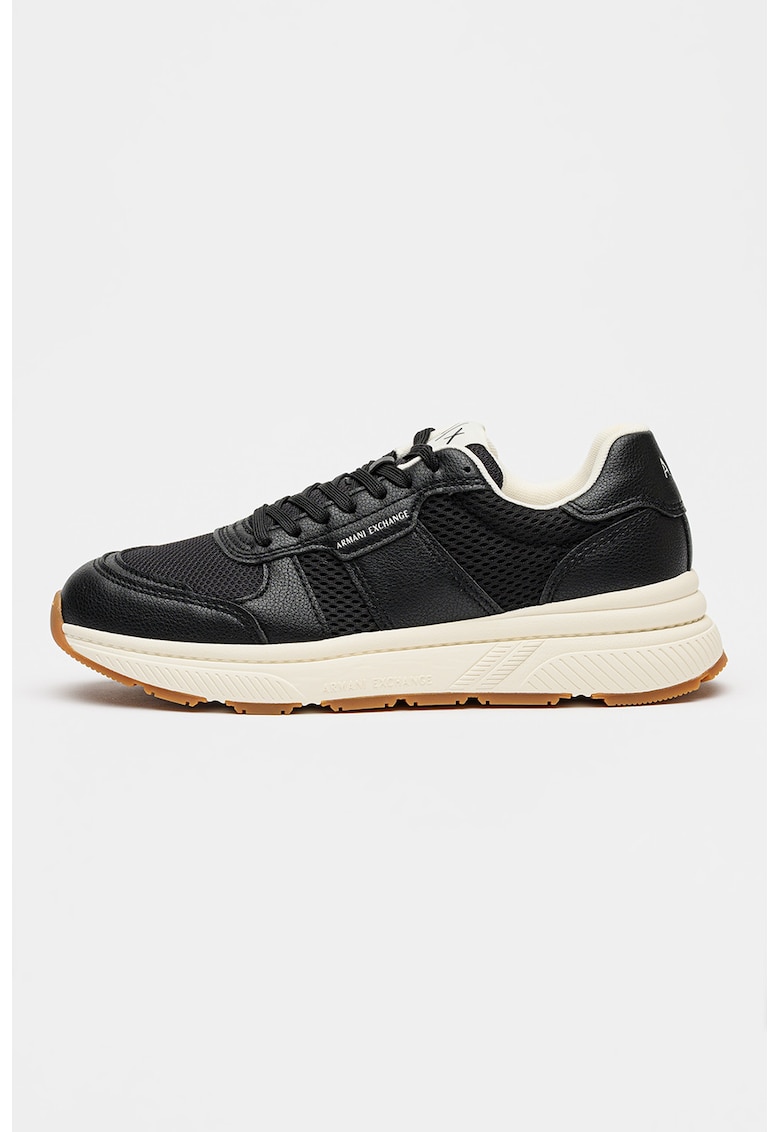 Pantofi sport cu piele ecologica si insertii din plasa - Negru stins