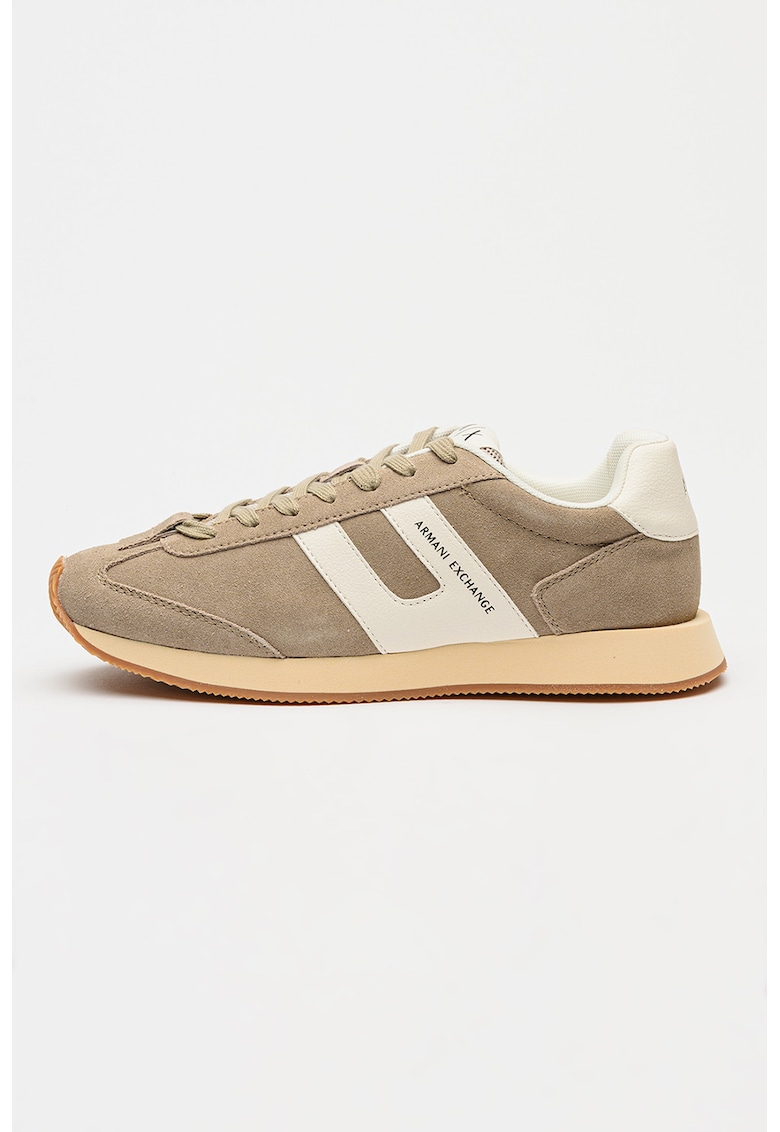 Pantofi sport din piele intoarsa cu garnituri din piele ecologica - Alb/Maro taupe deschis
