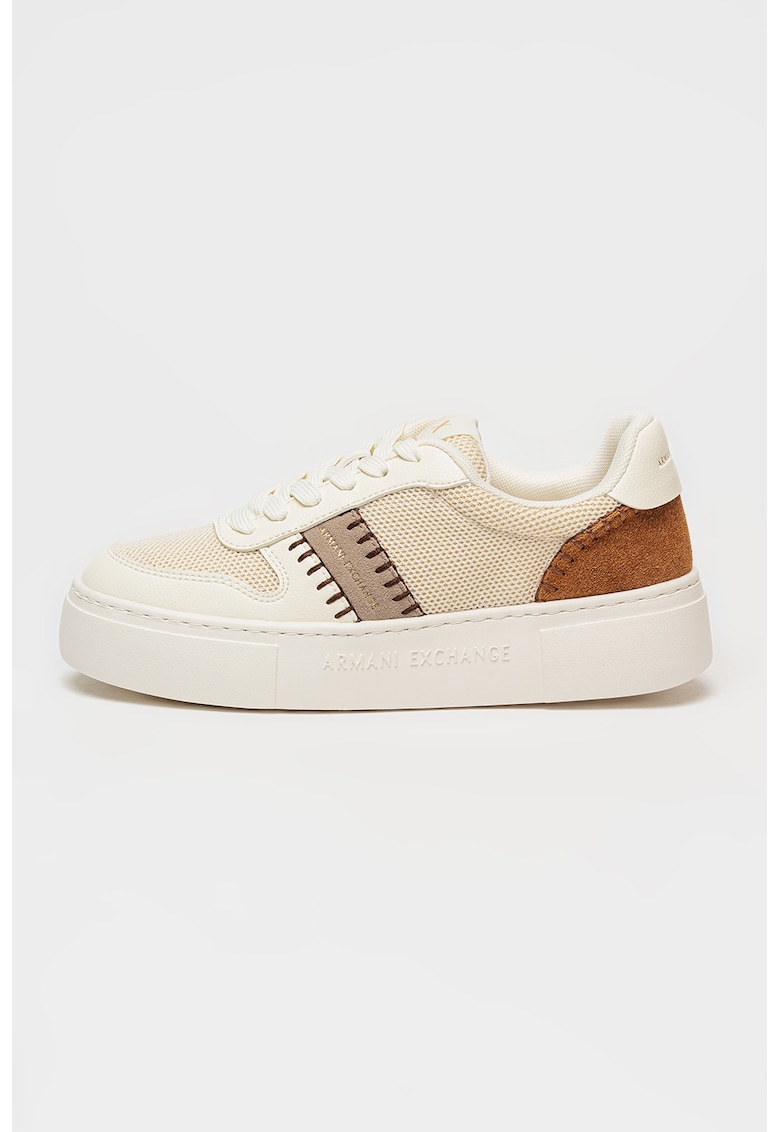 Pantofi sport din material textil cu garnituri de piele intoarsa ecologica - Maro inchis/Bej