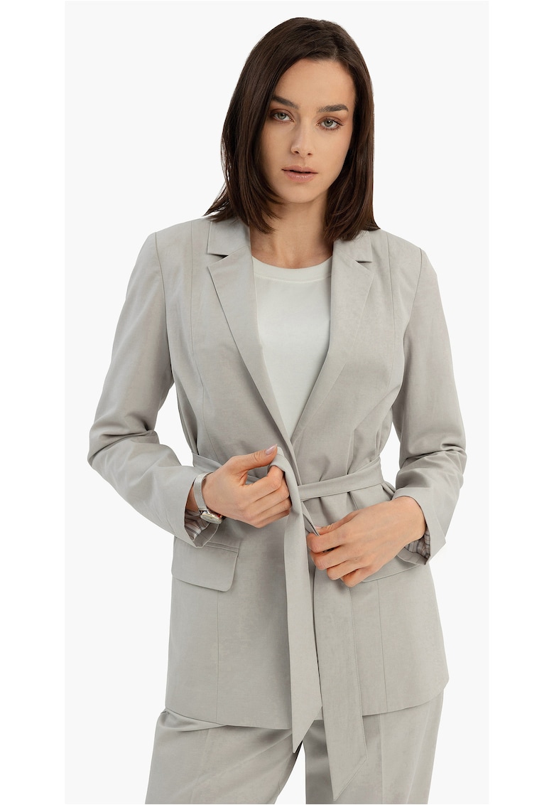 Sacou dama fara indichere - cu curea in talie - regular fit - buzunare cu clapa - JB-Brunta - gri deschis - Gri deschis