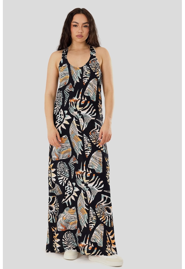 Rochie maxi cu slituri laterale Penelope - Negru/Portocaliu/Bej