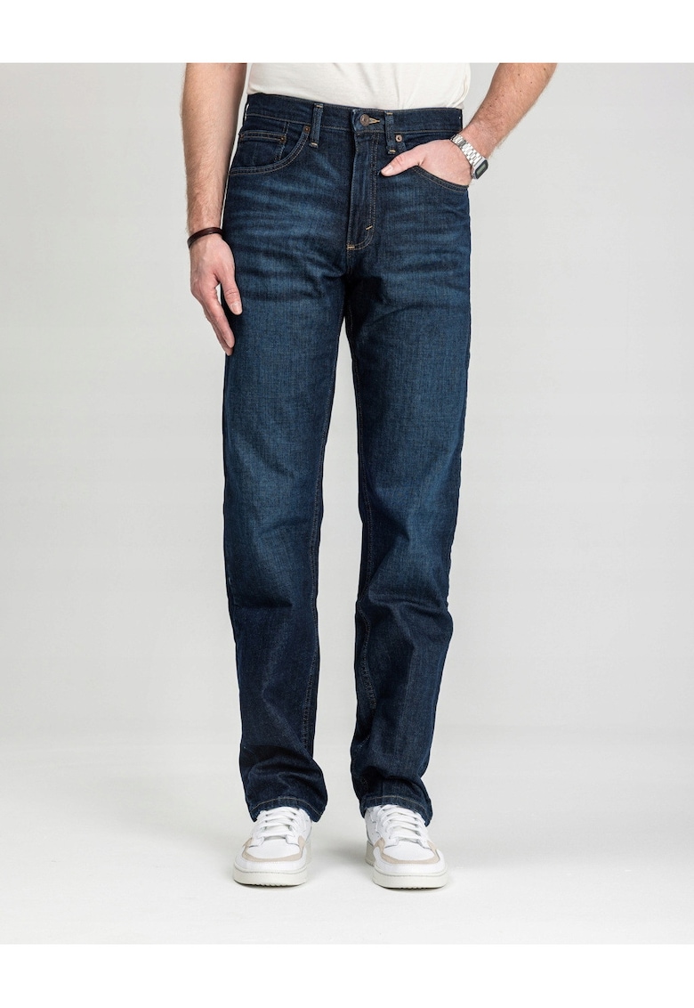 Blugi Barbati - Relaxed Fit - Straight Fit - Talie Medie - Lungi - Fermoar - 5 Buzunare - Bumbac - Albastru