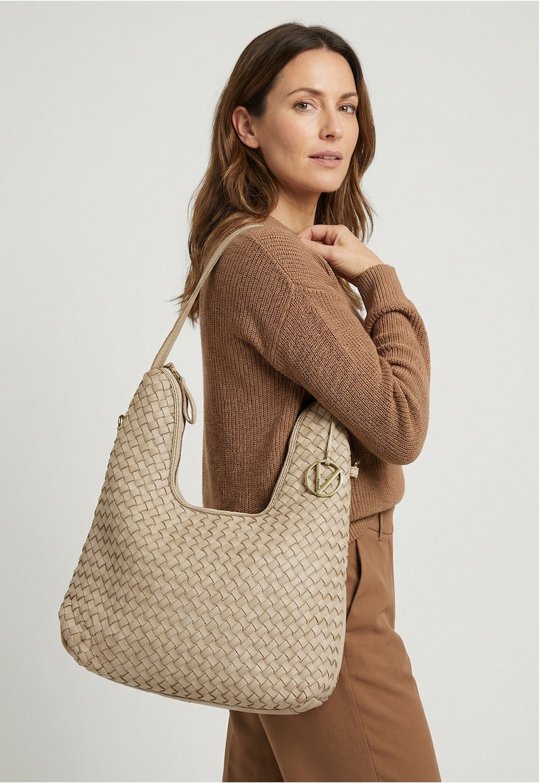 Geanta hobo din piele naturala cu model impletit - Bej