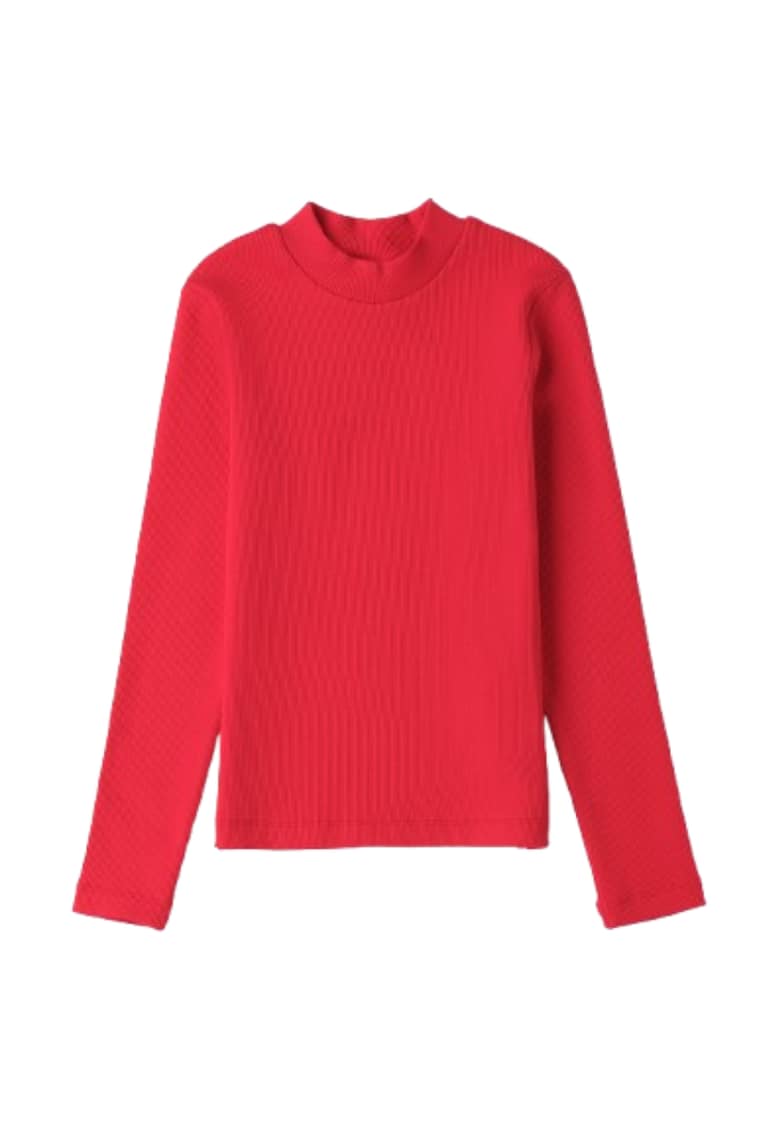 Bluza fete cu guler inalt din bumbac elastic rib - Rosu