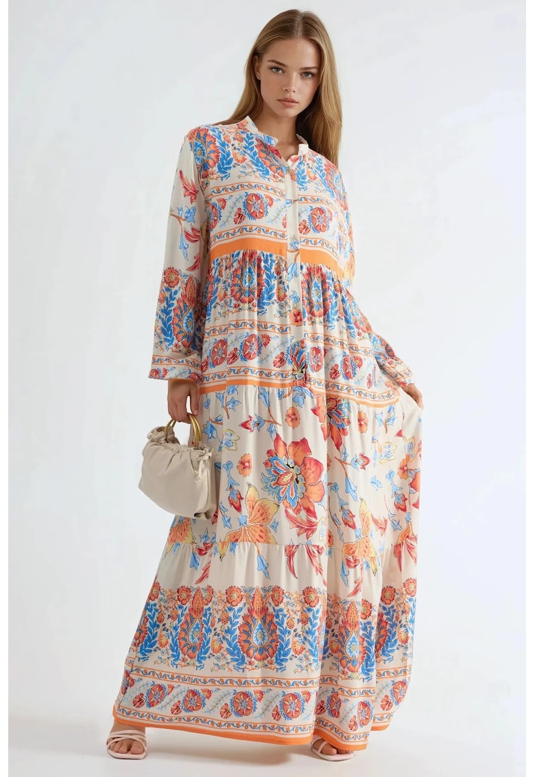 Rochie Maxi - portocalie - viscoza - inchidere cu nasturi