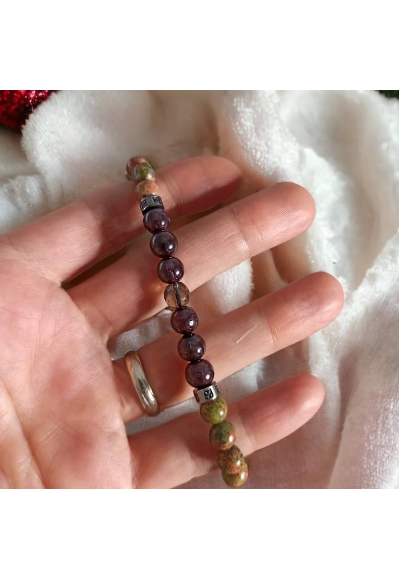 Bratara barbati snur Clyde din cristale de Granat - Unakit - Moss Agate - Cuart Fumuriu