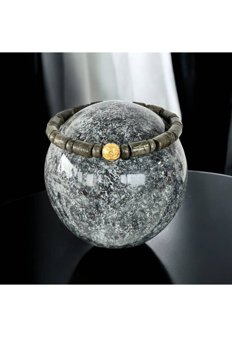 Bratara snur barbati Alger din Pirita cu charm din inox placat auriu