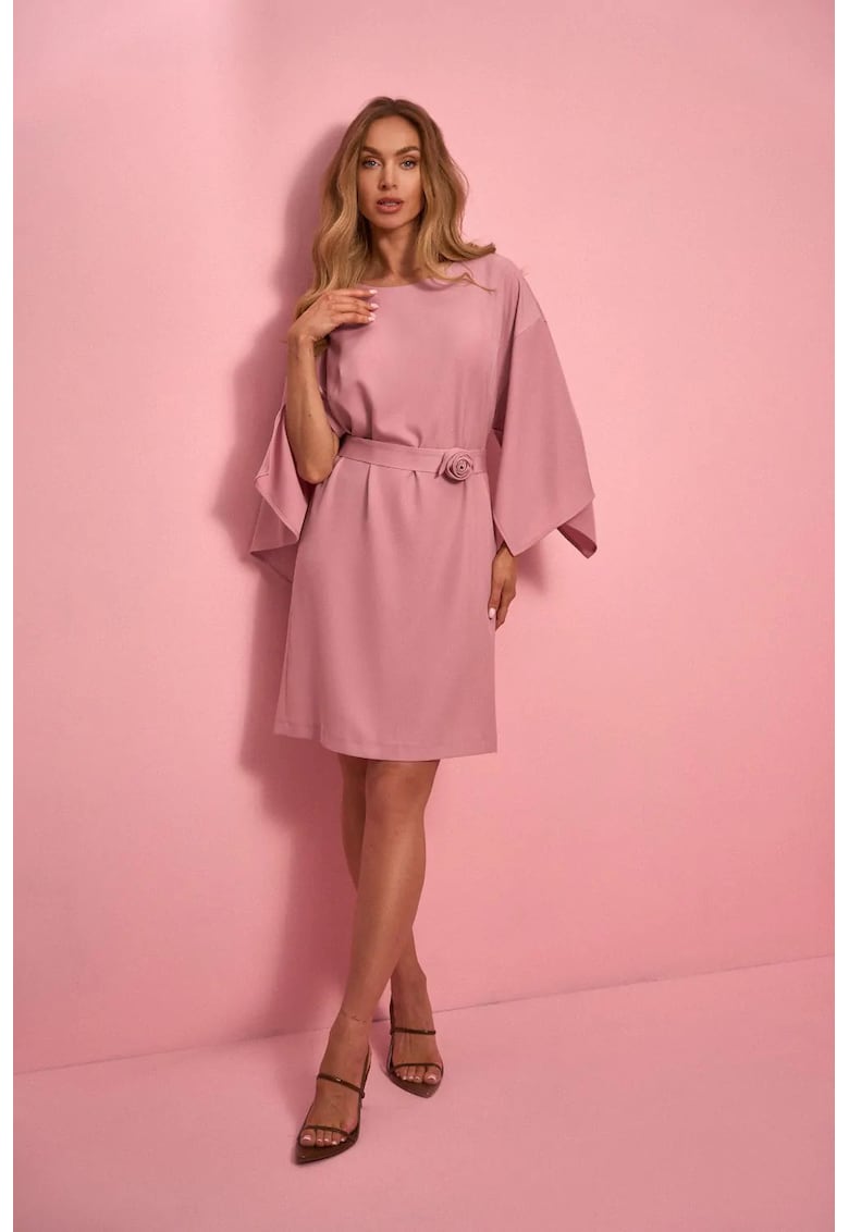 Rochie cu maneci largi si curea decorativa - roz pudra - Roz pastel