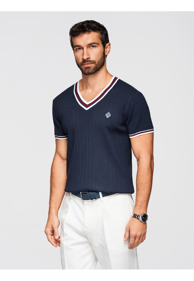 Tricou din viscoza cu decolteu in V OM-TSCT-0266 - Albastru inchis