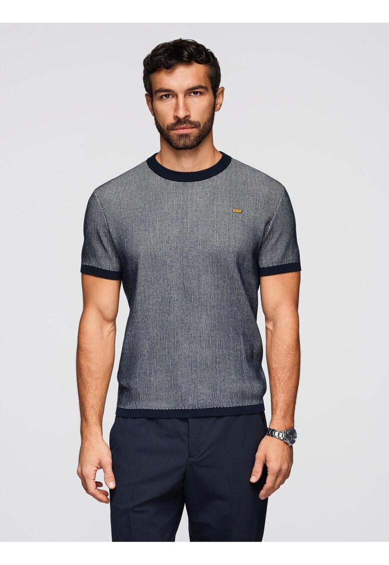 Tricou din bumbac cu tricotaj texturat OM-TSCT-0265 - Albastru inchis