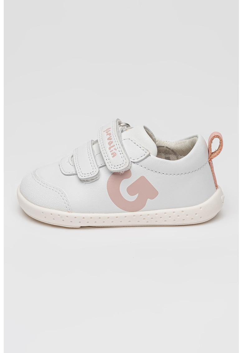 Pantofi sport de piele cu velcro si logo - Alb optic/Roz prafuit
