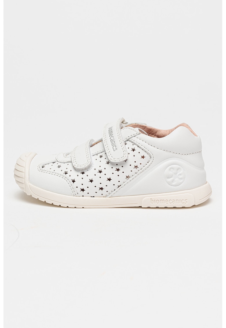 Pantofi sport de piele cu velcro si perforatii - Alb