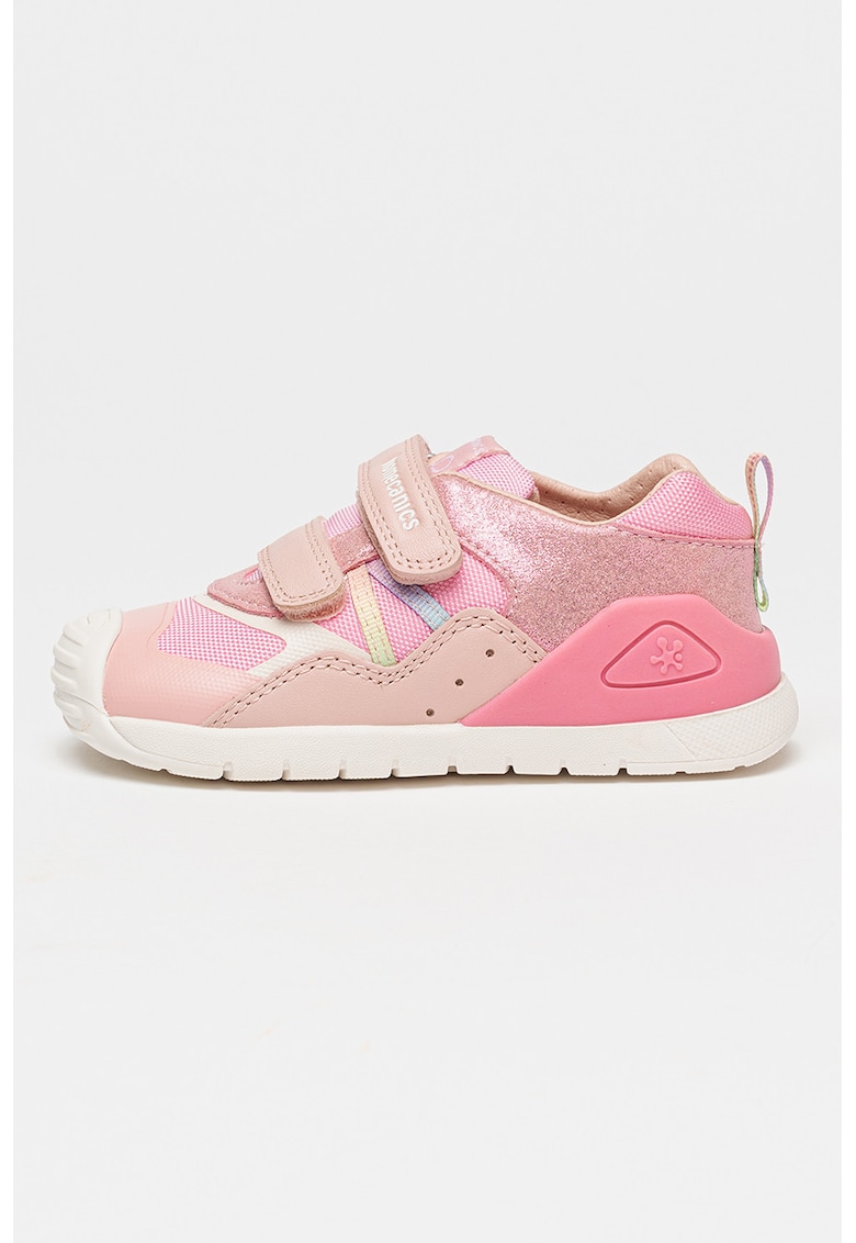 Pantofi sport de piele si material textil cu velcro si insertii stralucitoare - Roz