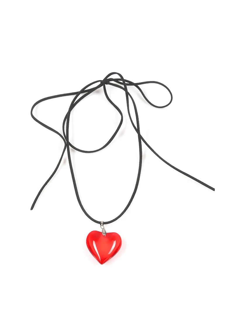 Colier femei - snur negru - pandantiv inimă roșie - 135 cm