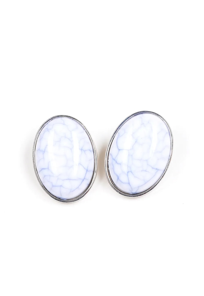 Cercei ovali cu piatră albă - model marmorat - alb - 2x2.5cm