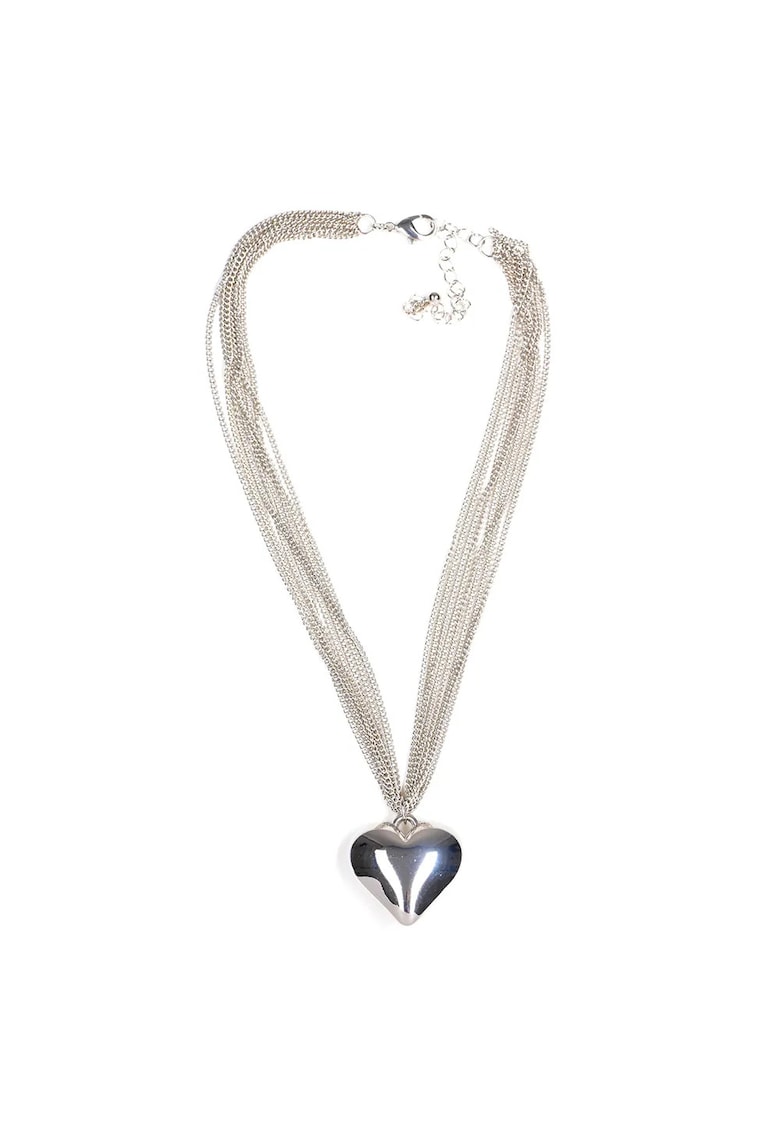 Colier argintiu cu lanturi multiple si pandantiv inima