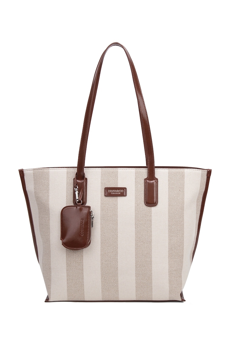 Geanta shopper cu model in dungi Celestea Pro - Maro cognac/Gri