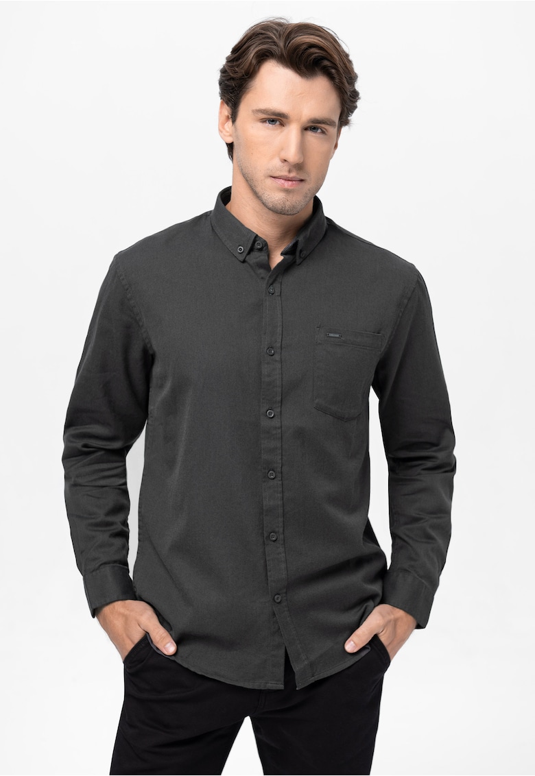 Camasa din bumbac cu maneci lungi - Regular Fit - guler fixat cu nasturi - K-Bentu - grafit - Gri grafit