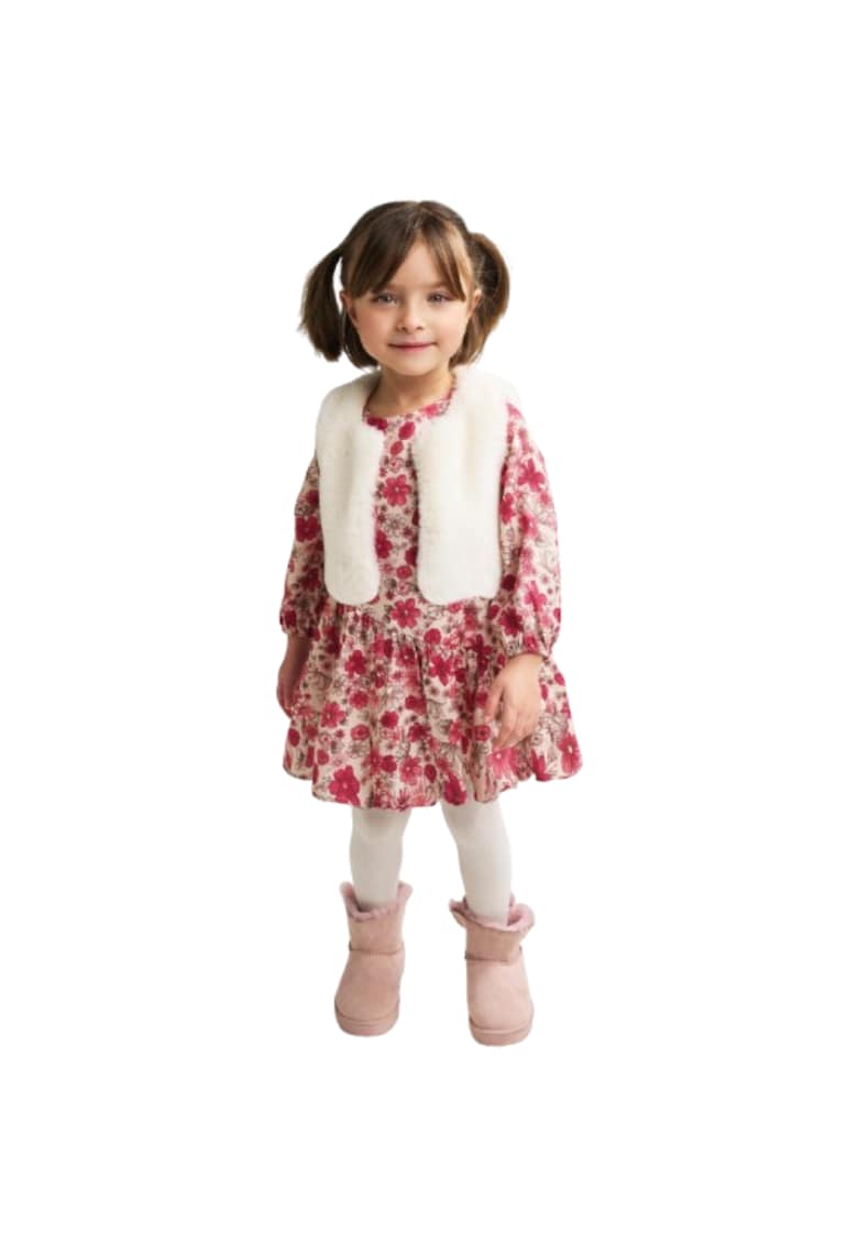 Rochie fete cu imprimeu floral si vesta pufoasa - Roz - Crem