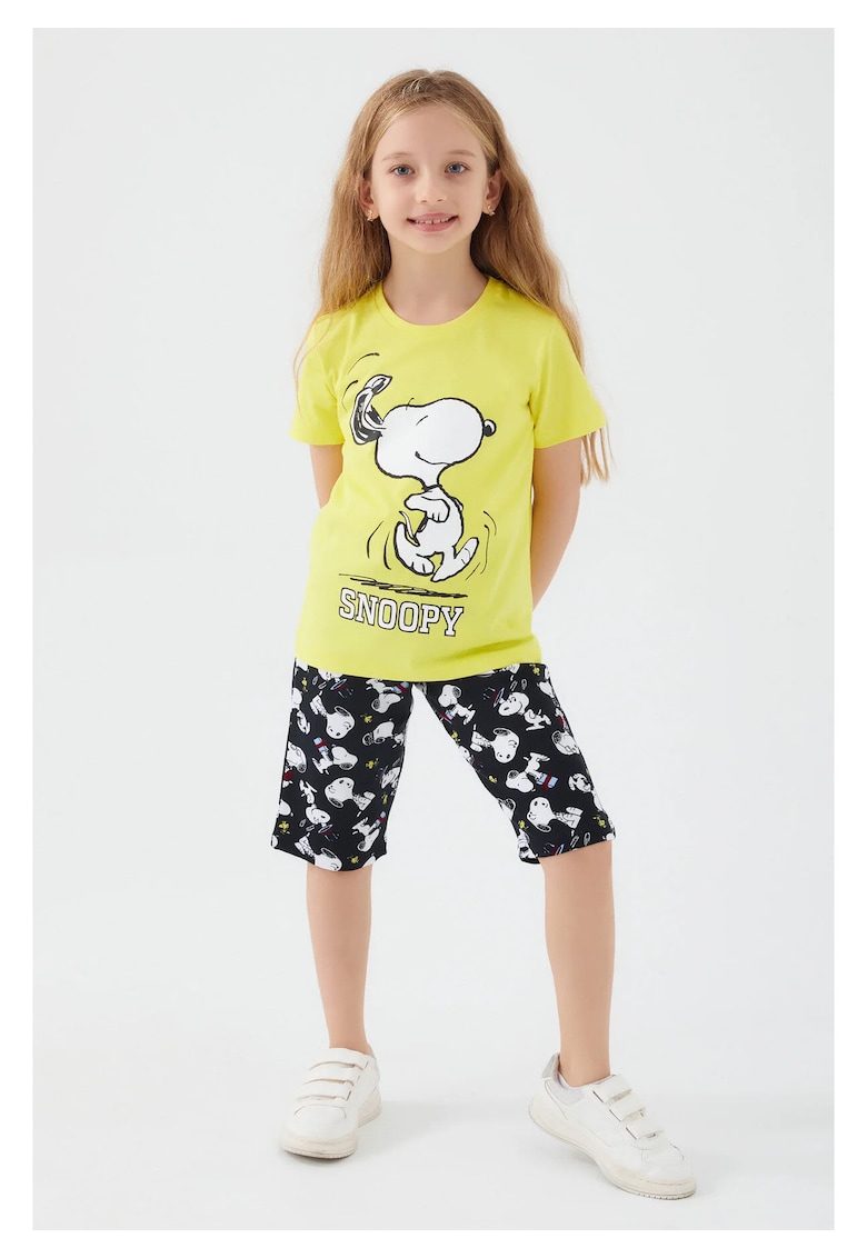 Set doua piese cu tricou si pantaloni - bumbac - decolteu la baza gatului si talie elastica - Galben - Galben