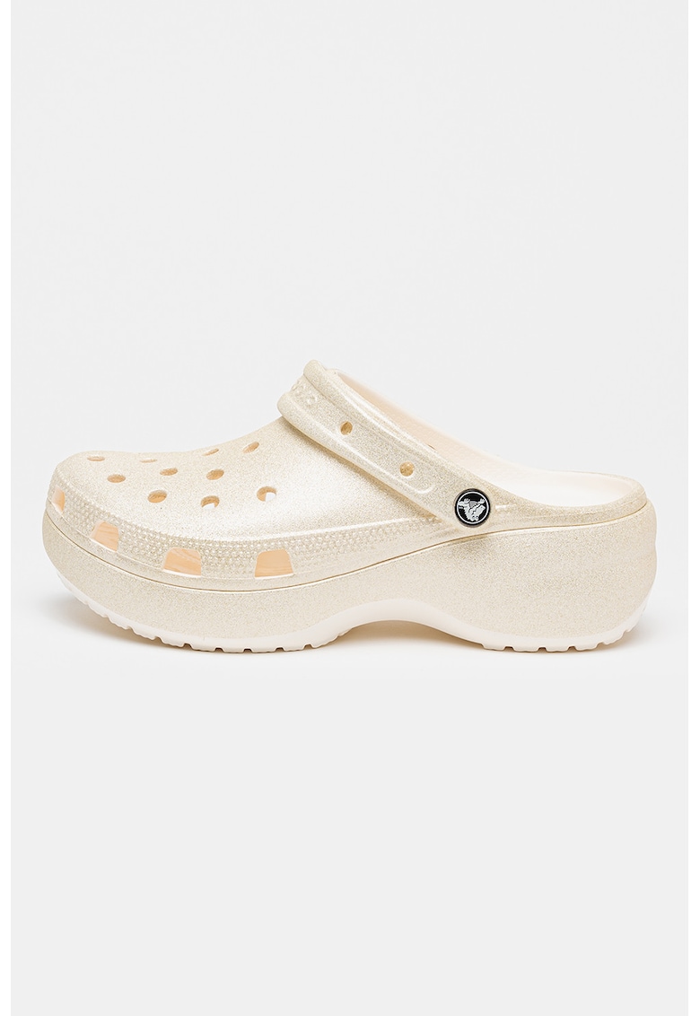 Saboti slingback flatform cu aspect stralucitor Classic - Alb fildes/Argintiu