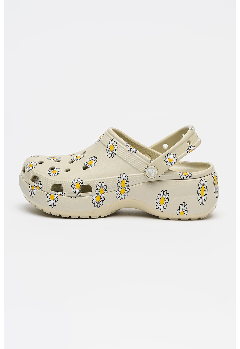 Saboti slingback demi-wedge cu model floral - Alb/Verde pal