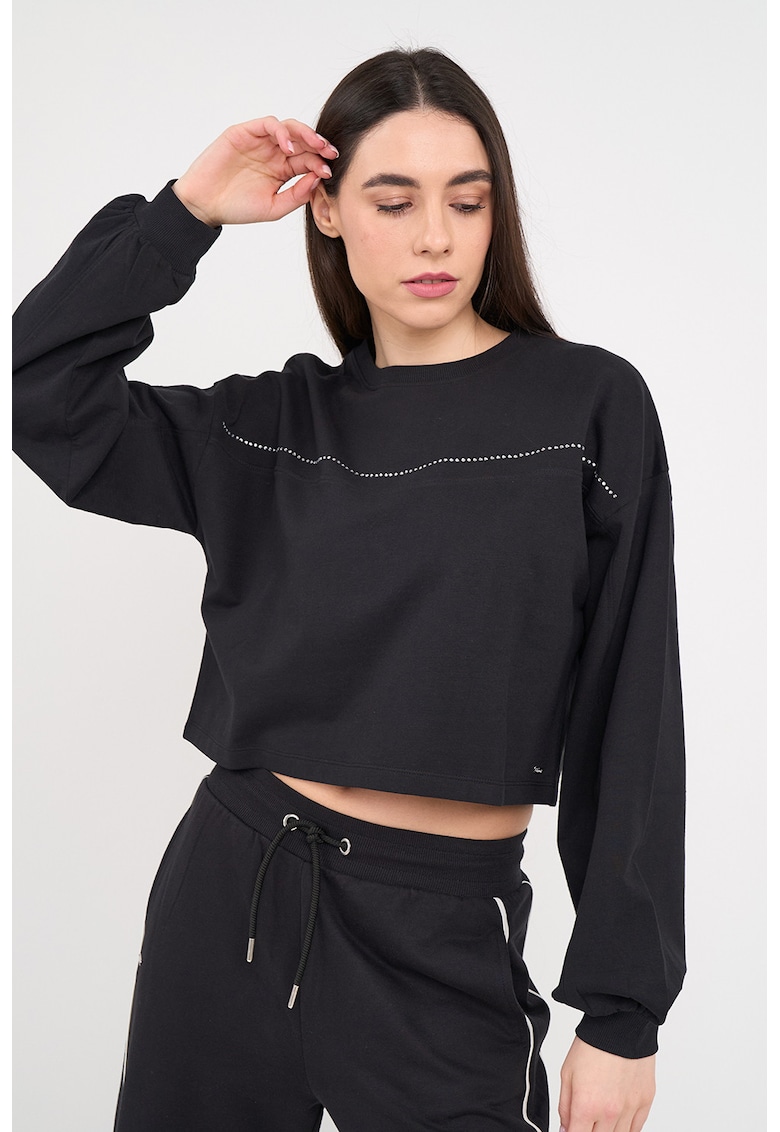 Bluza de trening crop cu aplicatie cu strasuri - Negru