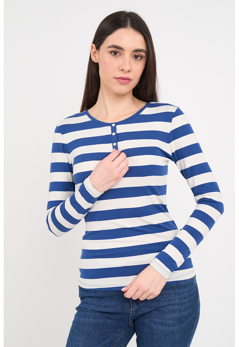 Bluza cu model in dungi si fenta scurta cu capse - Alb/Albastru royal