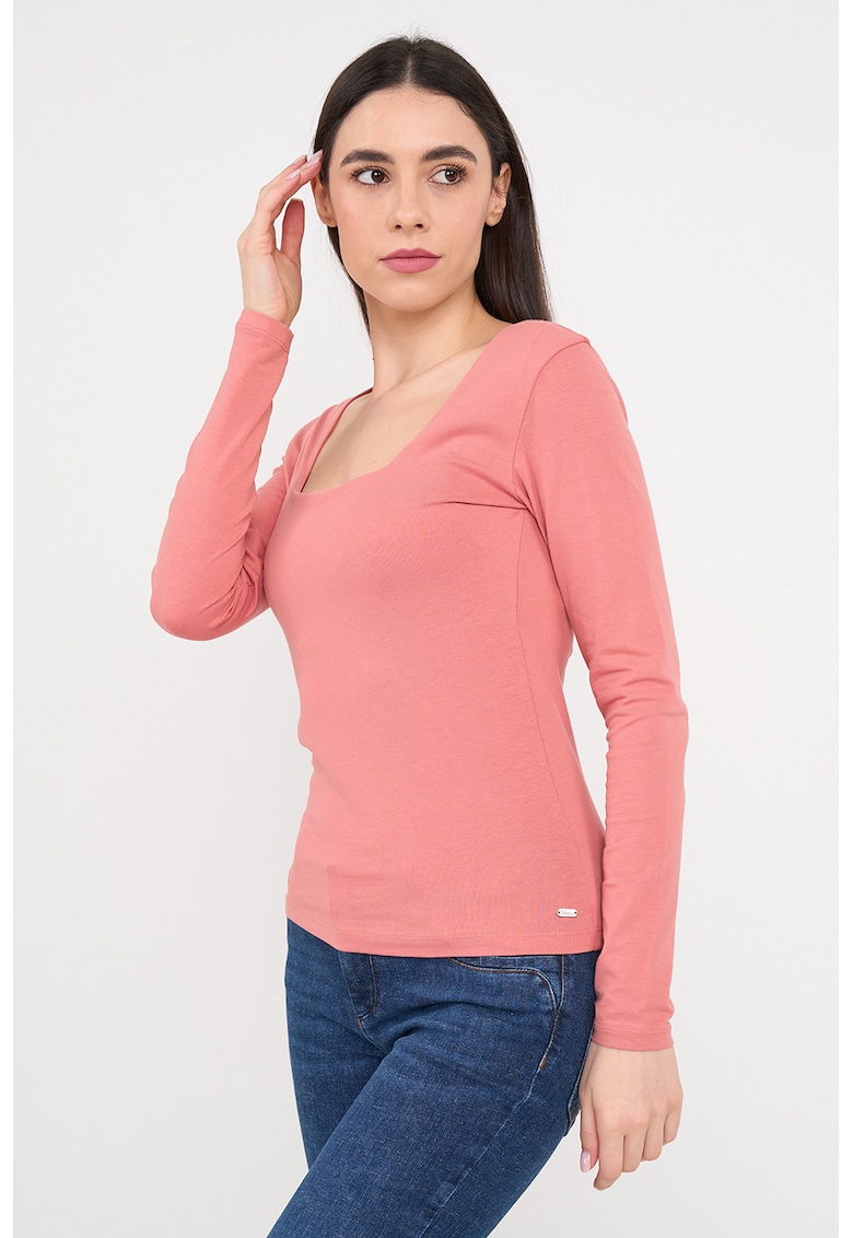 Bluza slim fit striata cu guler polo - Rosu capsuna