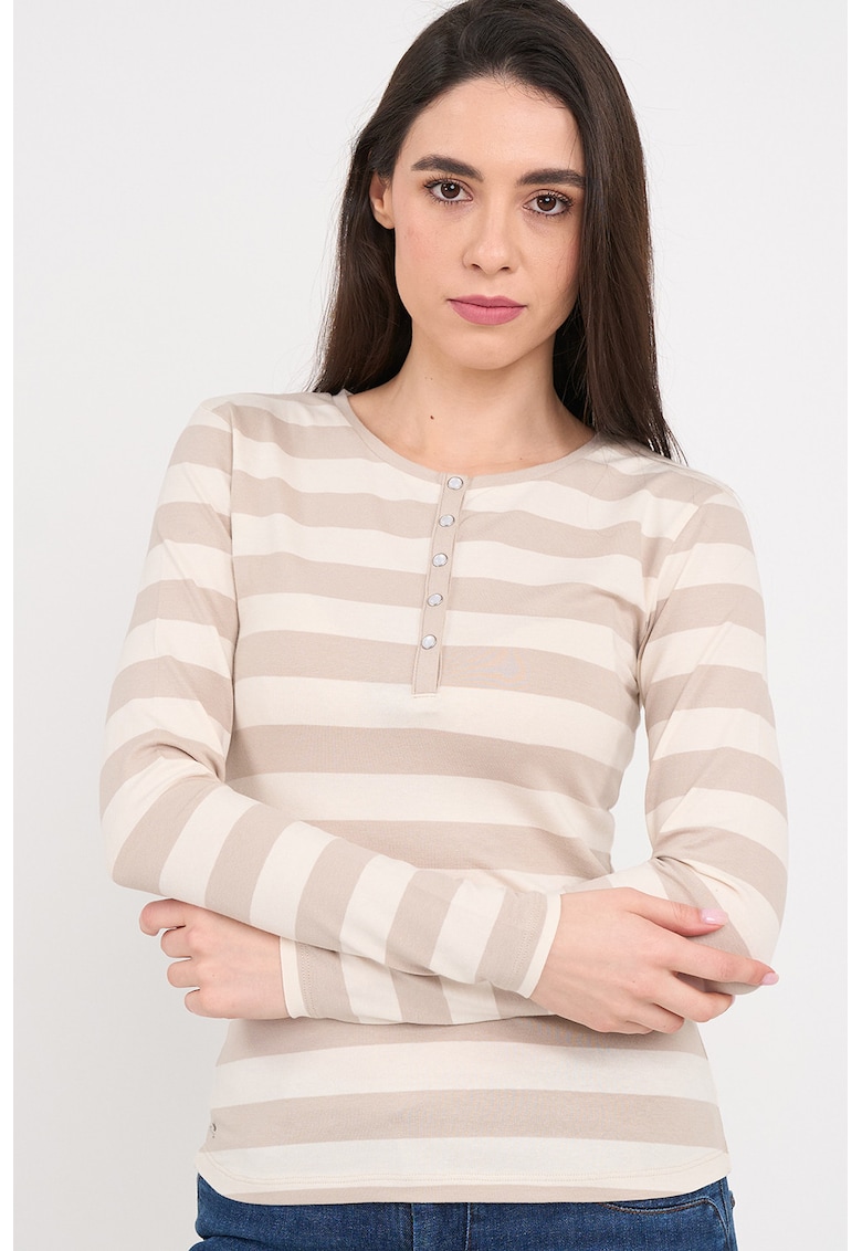 Bluza cu model in dungi si fenta scurta cu capse - Alb/Bej inchis