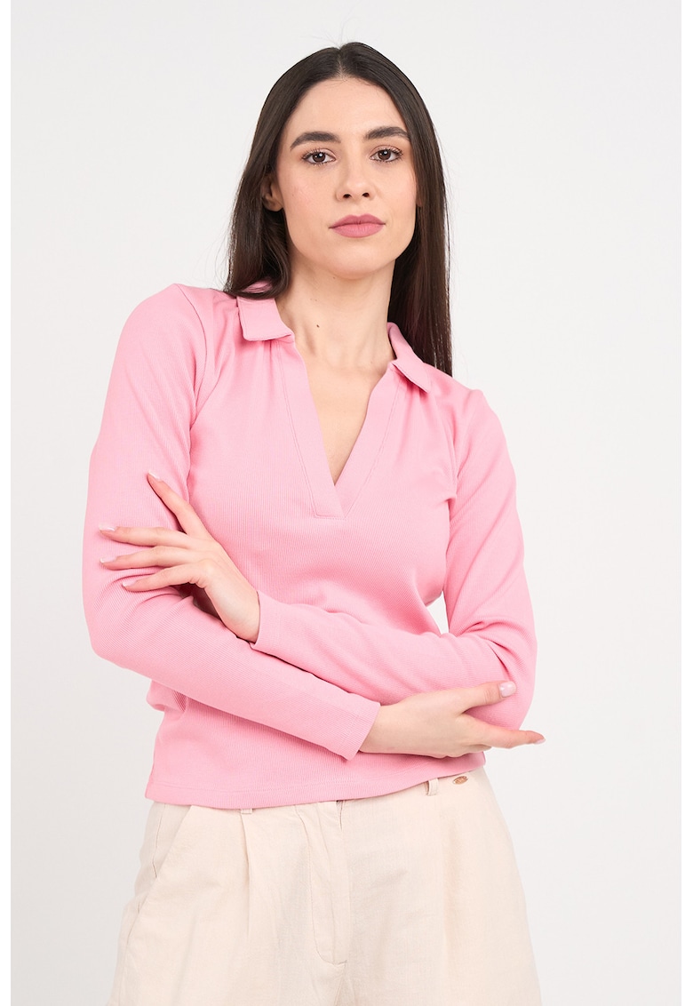 Bluza slim fit striata cu guler polo - Roz pastel