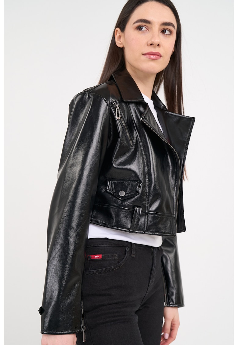 Jacheta biker crop cu revere decupate - Negru