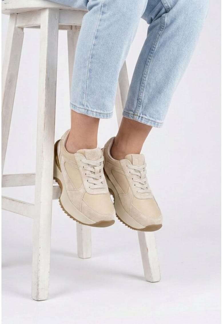 Pantofi dama bej din piele intoarsa si material textil