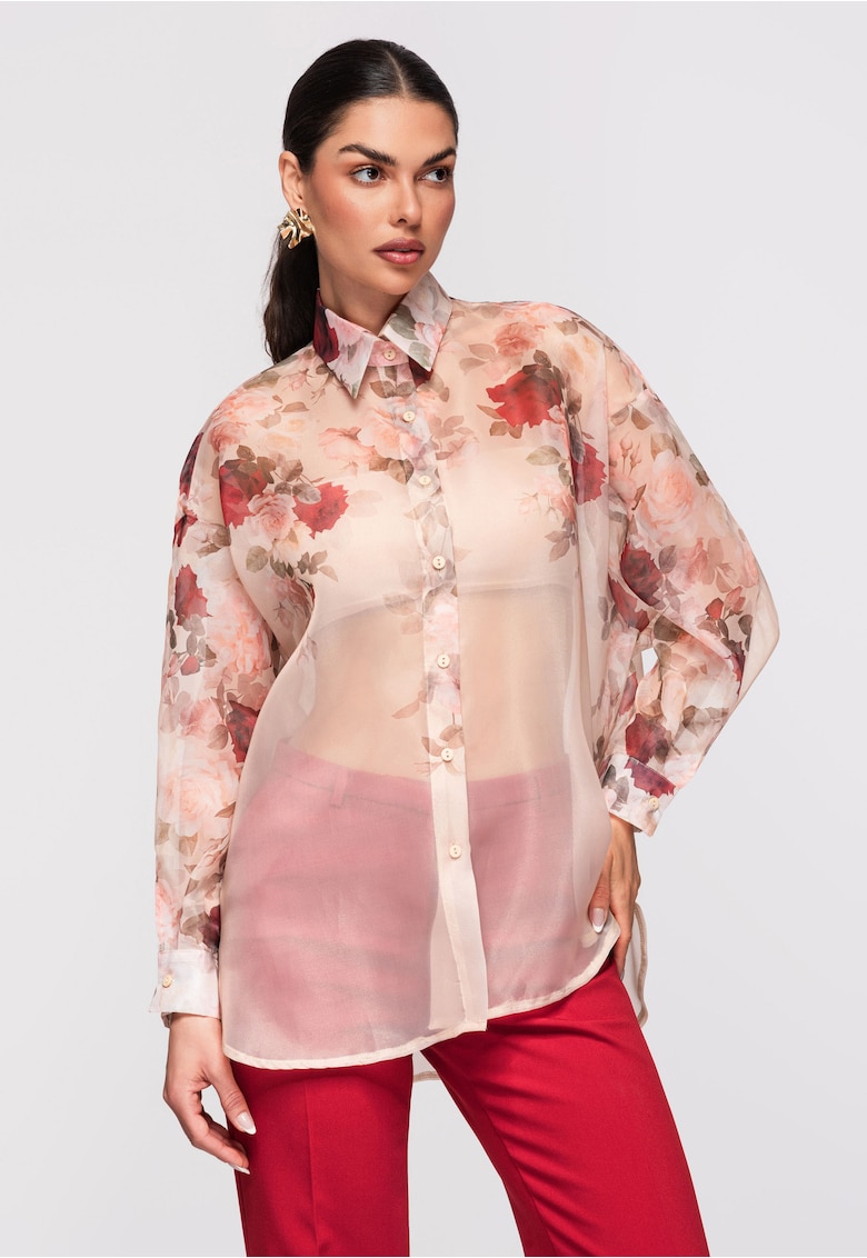 Camasa semitransparenta model floral OW-SH-E0028 - Bej