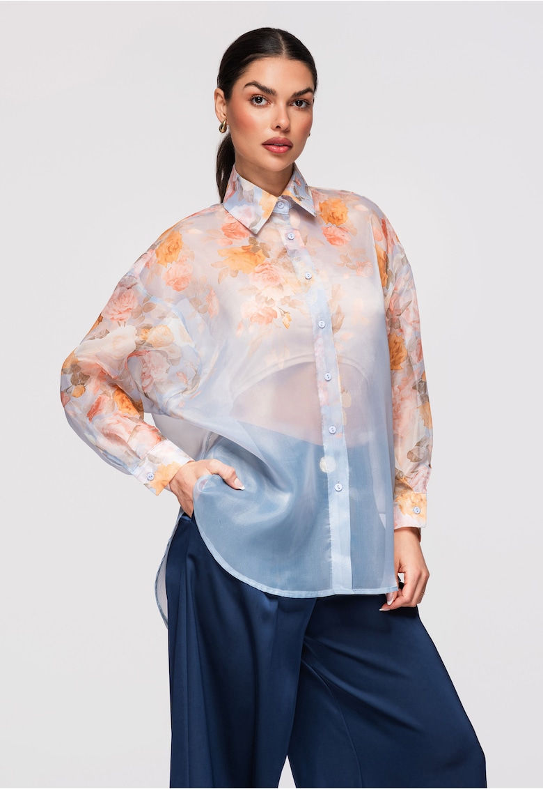 Camasa semitransparenta model floral OW-SH-E0028 - Albastru