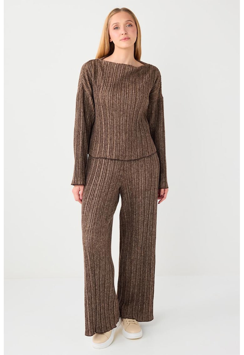 Pantaloni striati cu insertii de lurex - Caramel