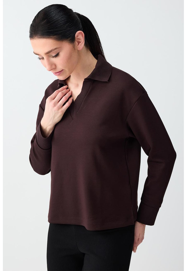 Bluza polo din amestec de modal cu maneci cazute - Maro inchis