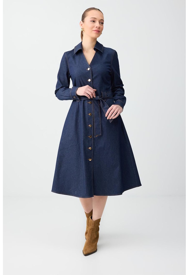 Rochie midi din denim cu cordon - Bleumarin
