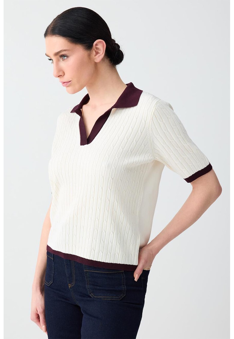 Tricou polo tricotat fin - Alb/Visiniu