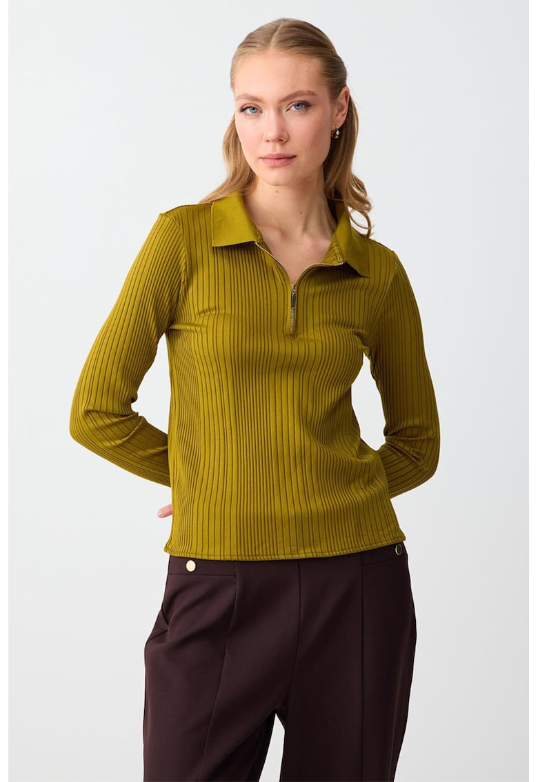 Bluza polo cu fermoar scurt - Verde masliniu