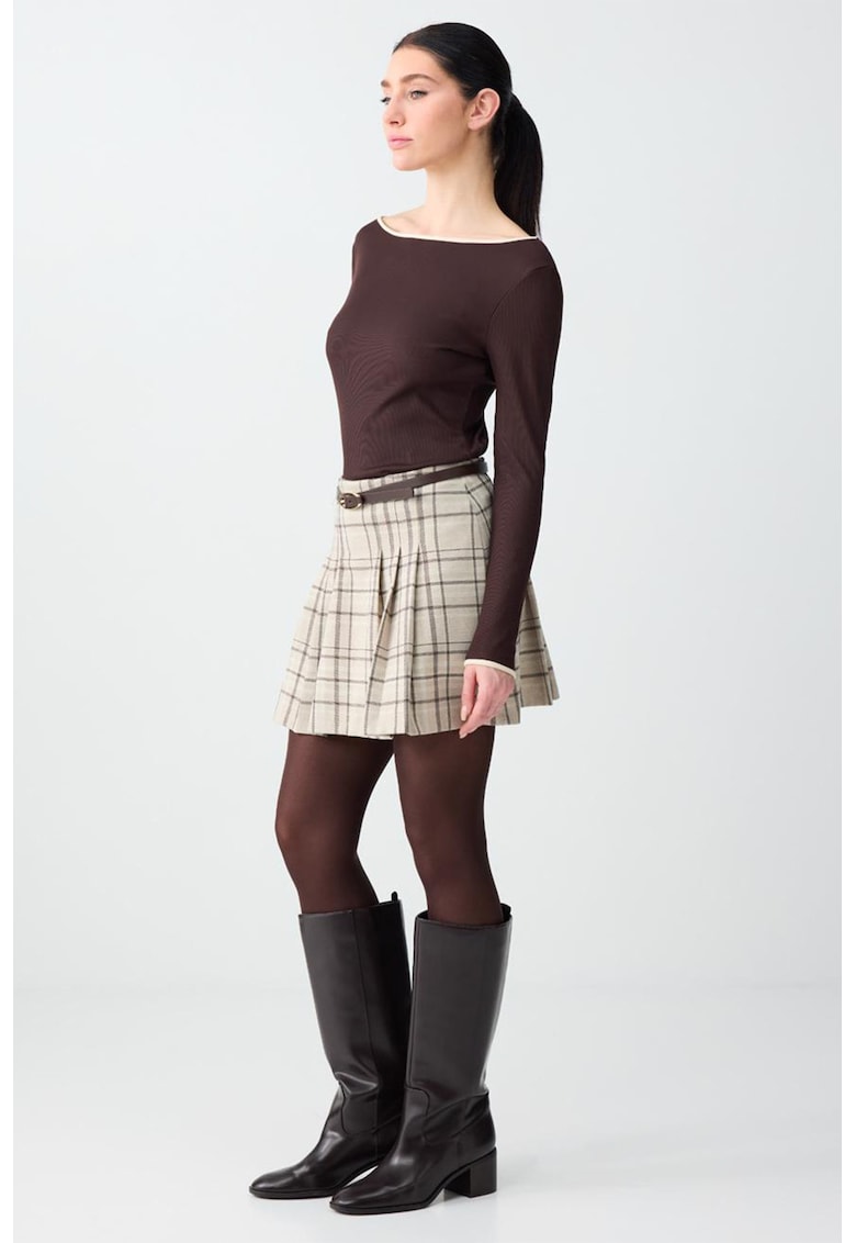Fusta mini cu pliuri si model in carouri - Negru/Bej deschis