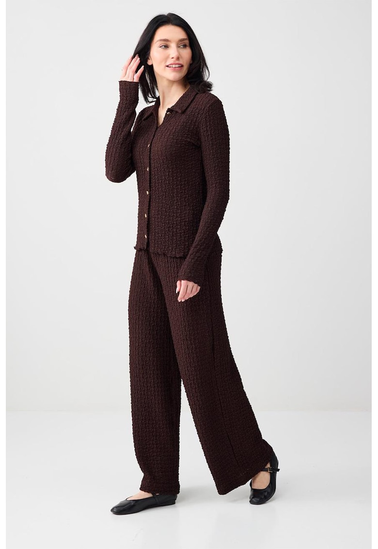 Pantaloni drepti texturati cu talie inalta - Maro inchis