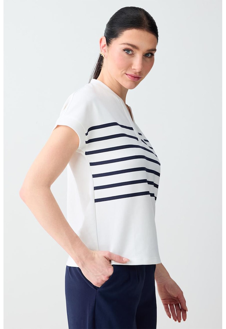 Tricou din amestec de modal cu dungi si decolteu in V - Alb/Bleumarin