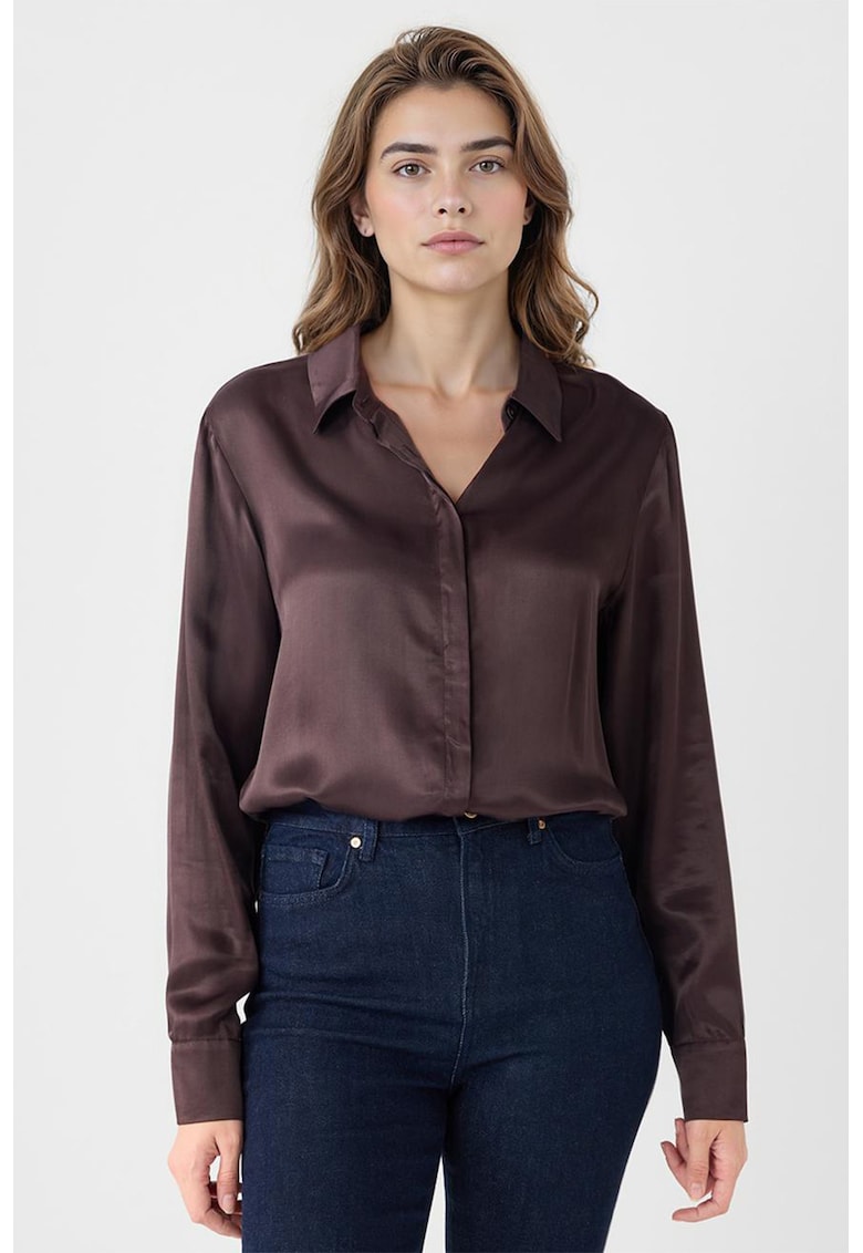 Camasa de satin cu guler clasic - Maro inchis