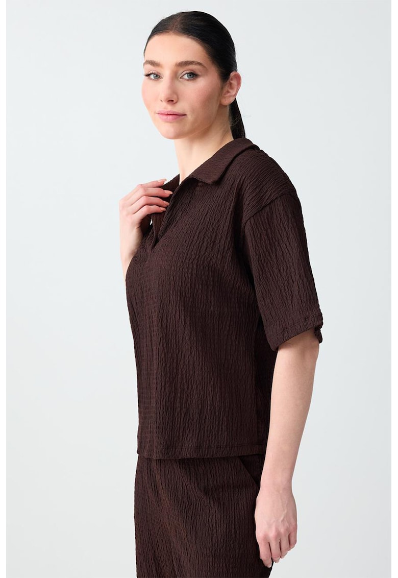 Bluza polo texturata cu maneci scurte - Maro inchis